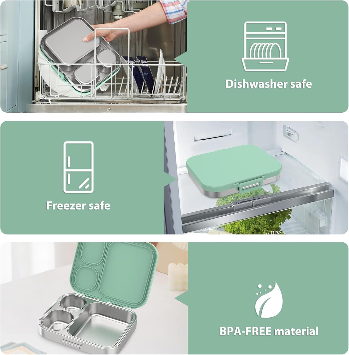 Stainless Steel Bento Lunch Box for Kids | 3-Compartment Lunch Box Container Kids | 100% Leakproof, Dishwasher-Safe, Eco-Friendly, Perfect Portion Control for Kids&Adult Healthy Meals (Green)