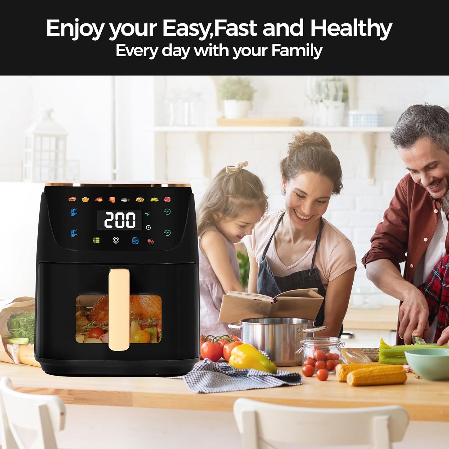 Panana 8QT Large Air Fryer Compact, 8 Preset Menus Airfryer, One-Touch Digital Control Presets, Touchscreen Display, Dishwasher Safe, Nonstick, Fit for Family (Black)