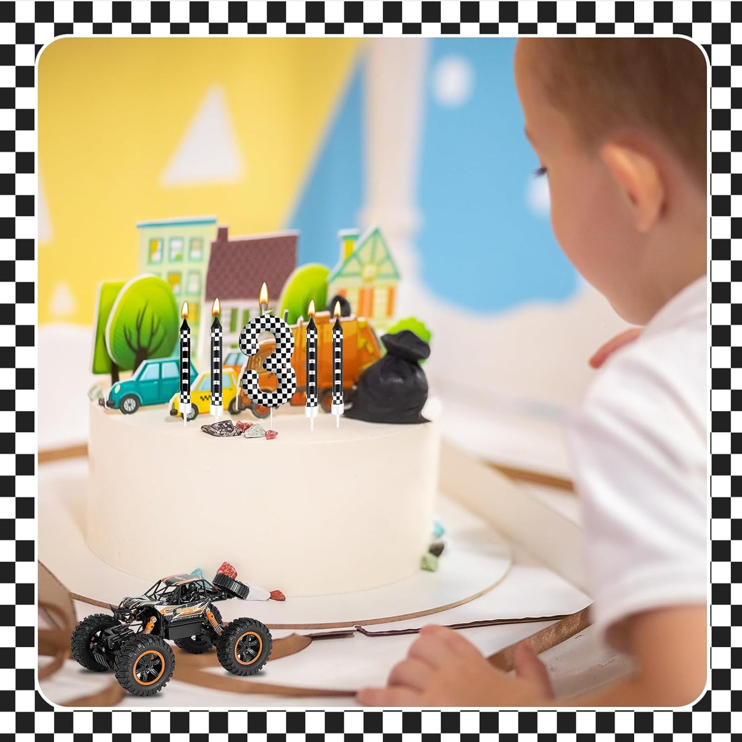 13 Pcs Racing Cars Themed Birthday Candles Black and White Race Number 3 Checkered Candle Cake Topper for Racing Car Party Decoration Supplies (Number 3)