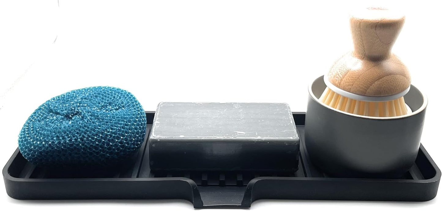 Happitasa Silicone Soap Dish Tray and Sponge Holder with Drain Chute | Bathroom and Kitchen Sink Organizer Caddy (Black, 12"x4", 7.4 Ounces)