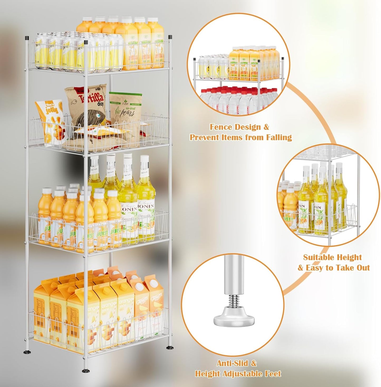 Water Bottle Holder Organizer 4 Tier Drink Can Shelf Organizer Rack for Floor Freestanding Water Bottle Rack Stand Beverage Storage Shelf for Pantry Kitchen Food Storage, Silver