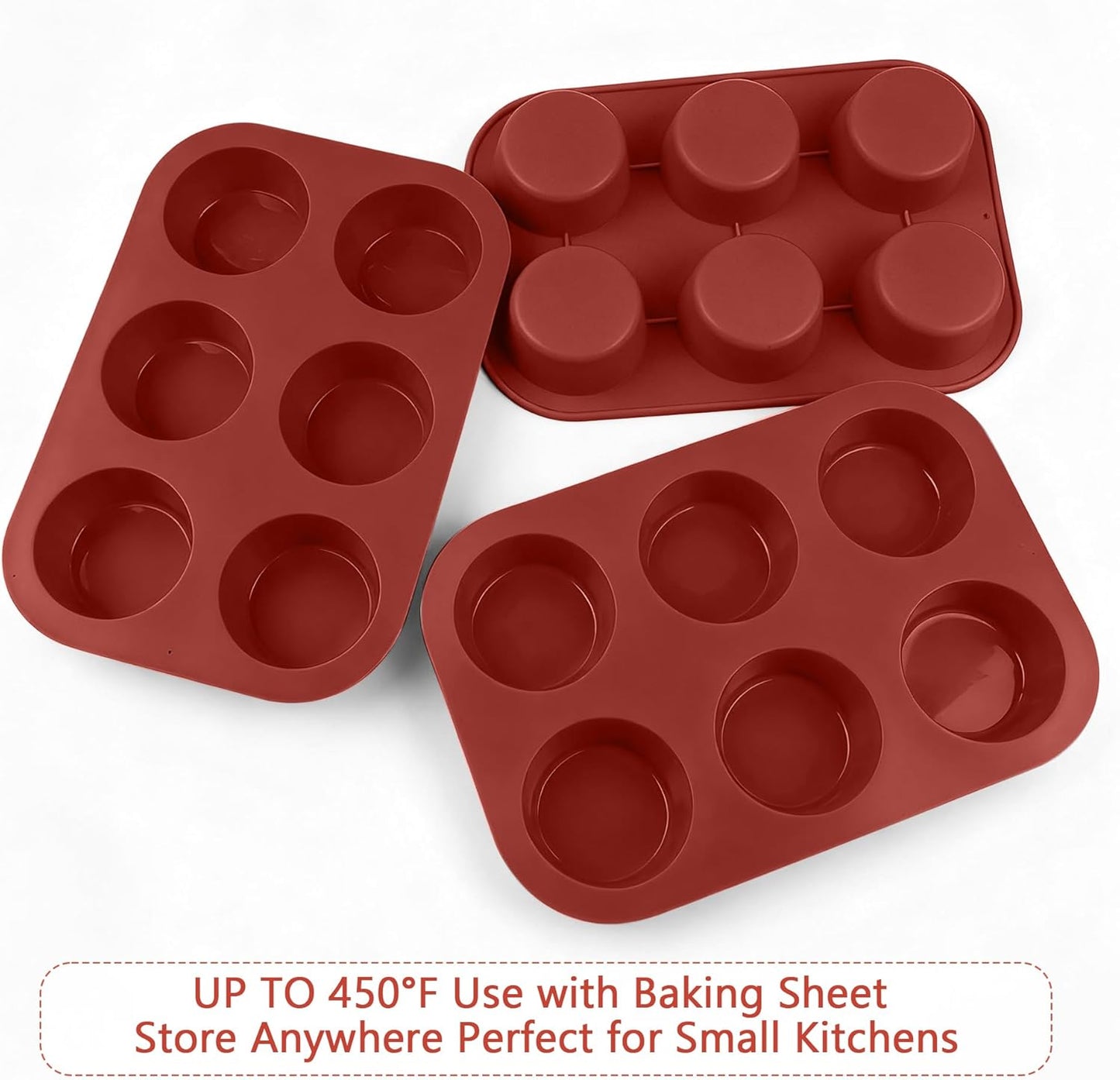 3-Pack 6-Cup Silicone Muffin Pans, Nonstick Cupcake Baking Molds, BPA/PFA-Free, Dishwasher & Oven Safe - Brown