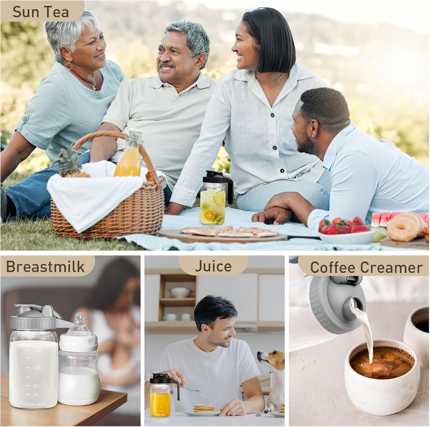 32oz Mason Jar with Lid - 2Pack No Leak Airtight Mason Jar with Pour Spout Lid Perfect for Fridge, Wide Mouth Easy to Clean, Ideal for Coffee, Breastmilk, Iced & Sun Tea, Juices