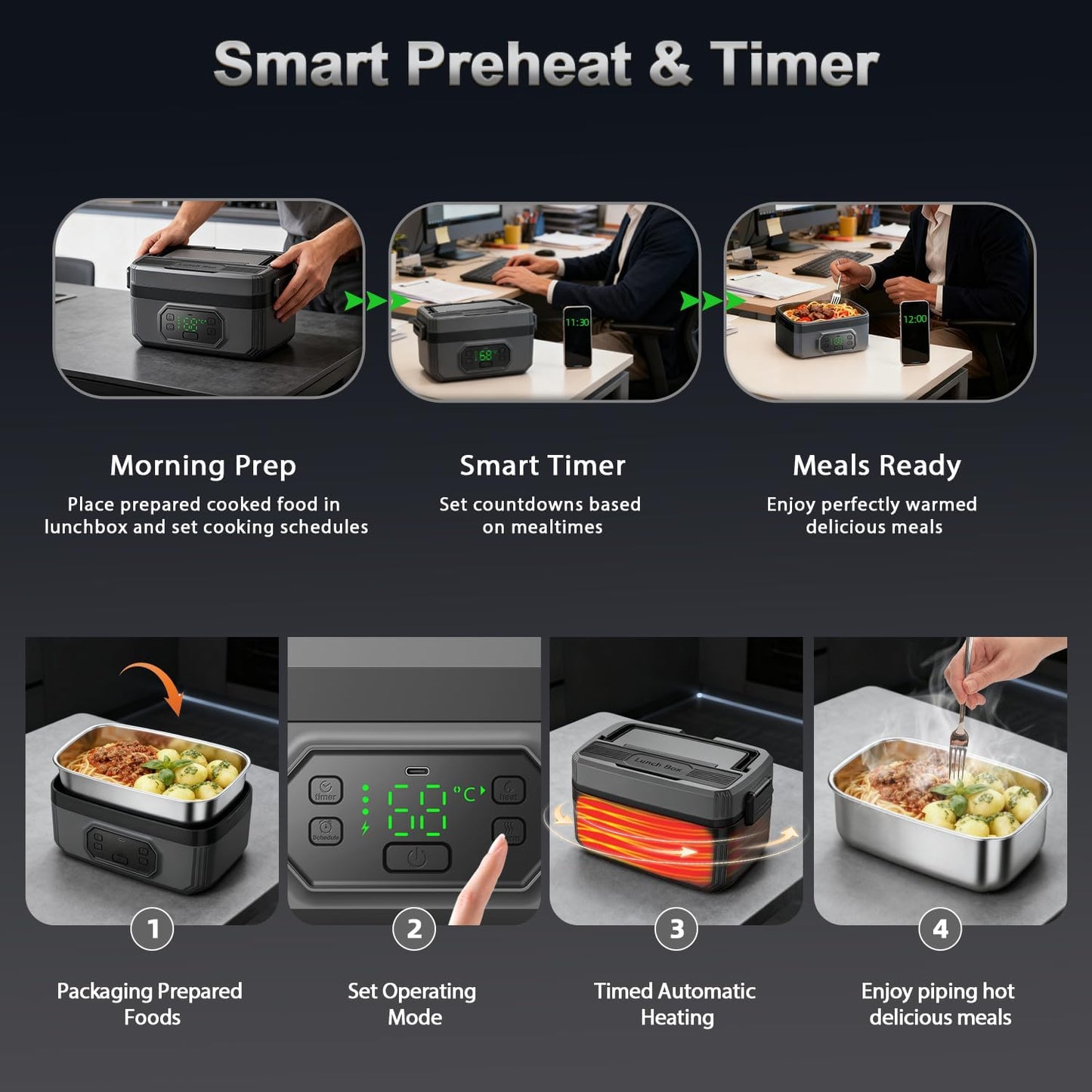 1.6L Cordless Electric Lunch Box - 24000mAh Heated Lunch Box Battery Powered with Automatic Heating, 9-Timer & 5-Temp Setting, Leakproof 304 Stainless Steel Container, Perfect for Office/Truck/Outdoor