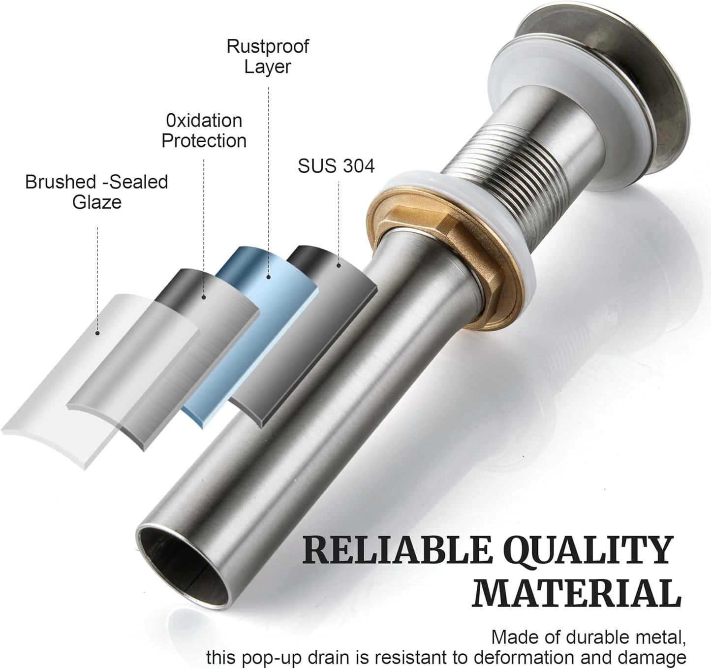 Pop up Sink Drain Stopper Without Overflow Brushed Nickel for Bathroom Vessel Vanity Sink Art Basin, Big Cap Sink Drain Without Overflow, Metal Pop-up Drain Strainer with Detachable Basket Stopper