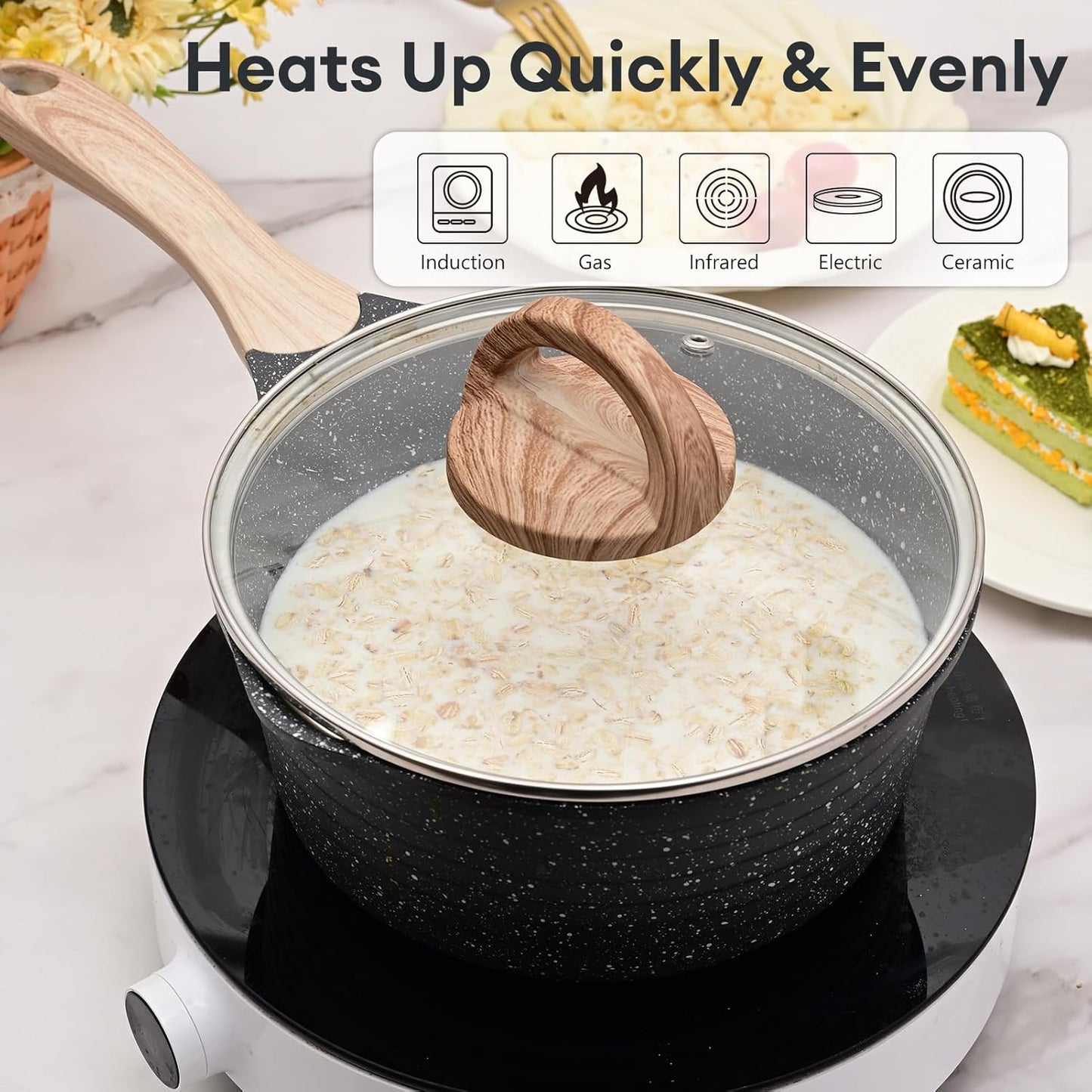 JEETEE 2 Quart Sauce Pan with Lid, Non Stick Small Pot with Coating, Masterclass Cookware Sauce Pot for Cooking, PFOA/PFOS Free