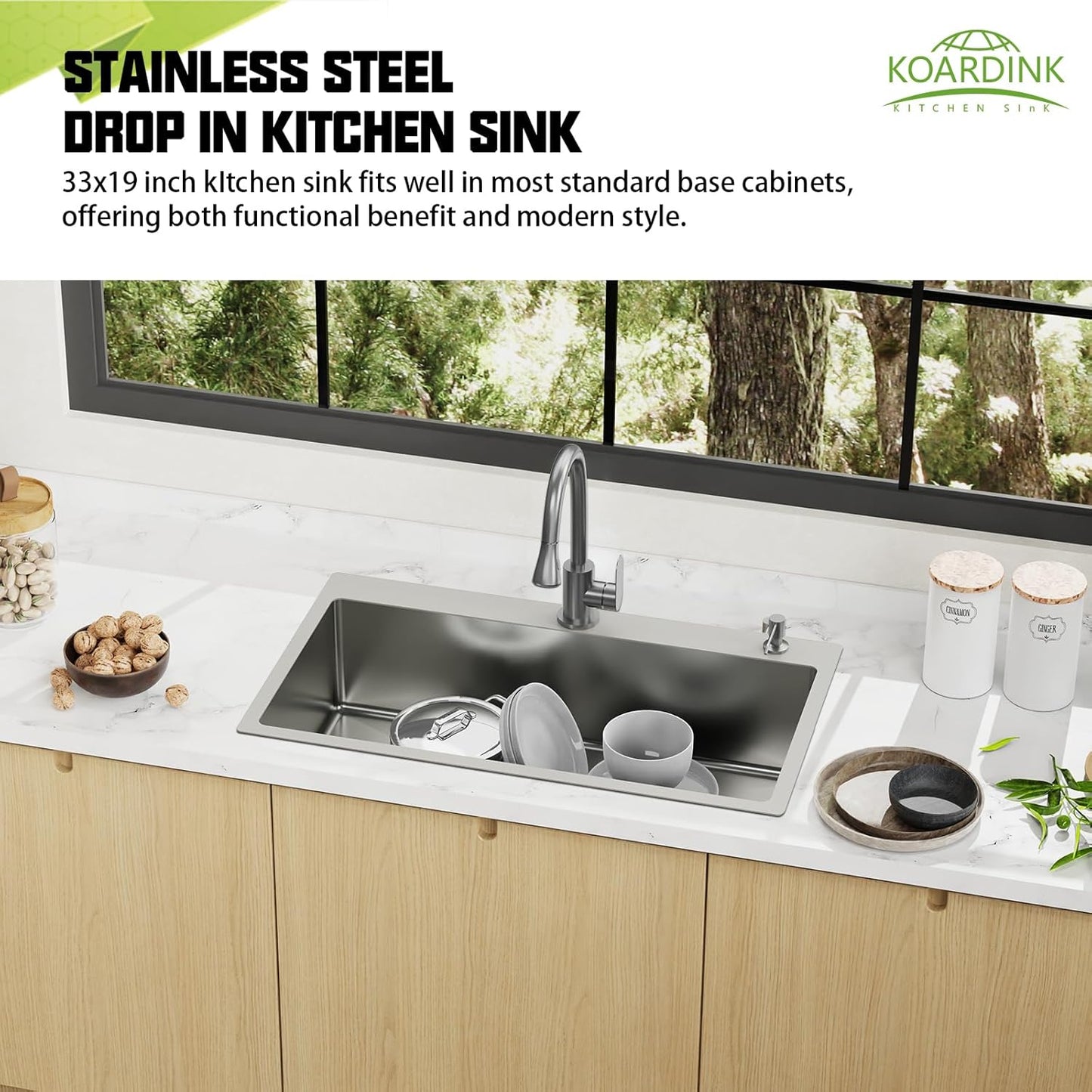 33x19 Inch Drop In Kitchen Sink-Stainless Steel Topmount Modern Single Bowl Kitchen Sink Come With Silicon Mat, Drain Strainer Set Offer Large Basin And Compatibility With Various Kitchen&Bar Style