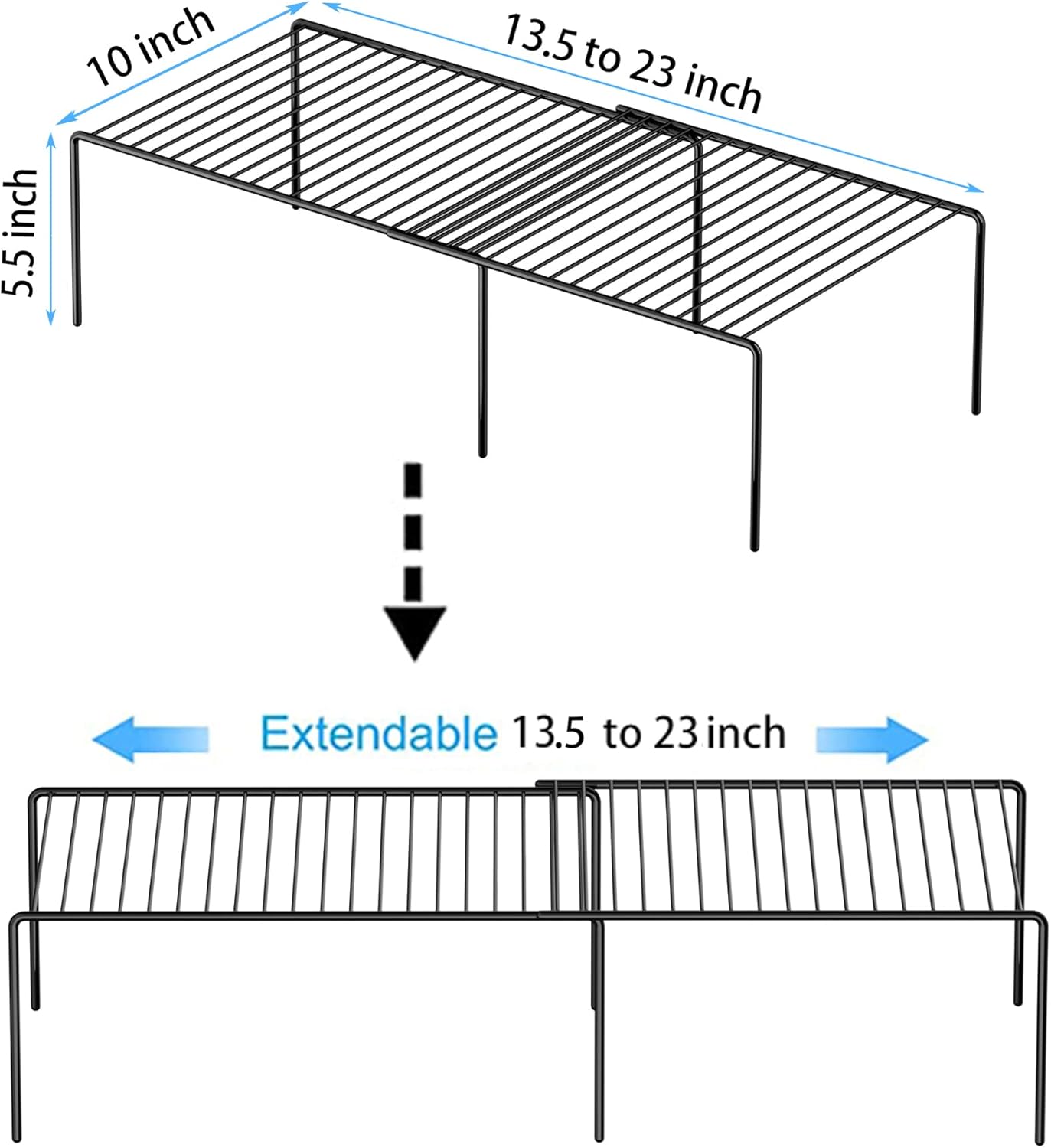 Redrubbit Cabinet Storage Shelf Rack, Expandable Metal Rustproof Kitchen Counter and Cabinet Shelf, Storage Rack Organizer Space Saver for Kitchen, Fridge, Cabinet, Bathroom, Black, Set of 6