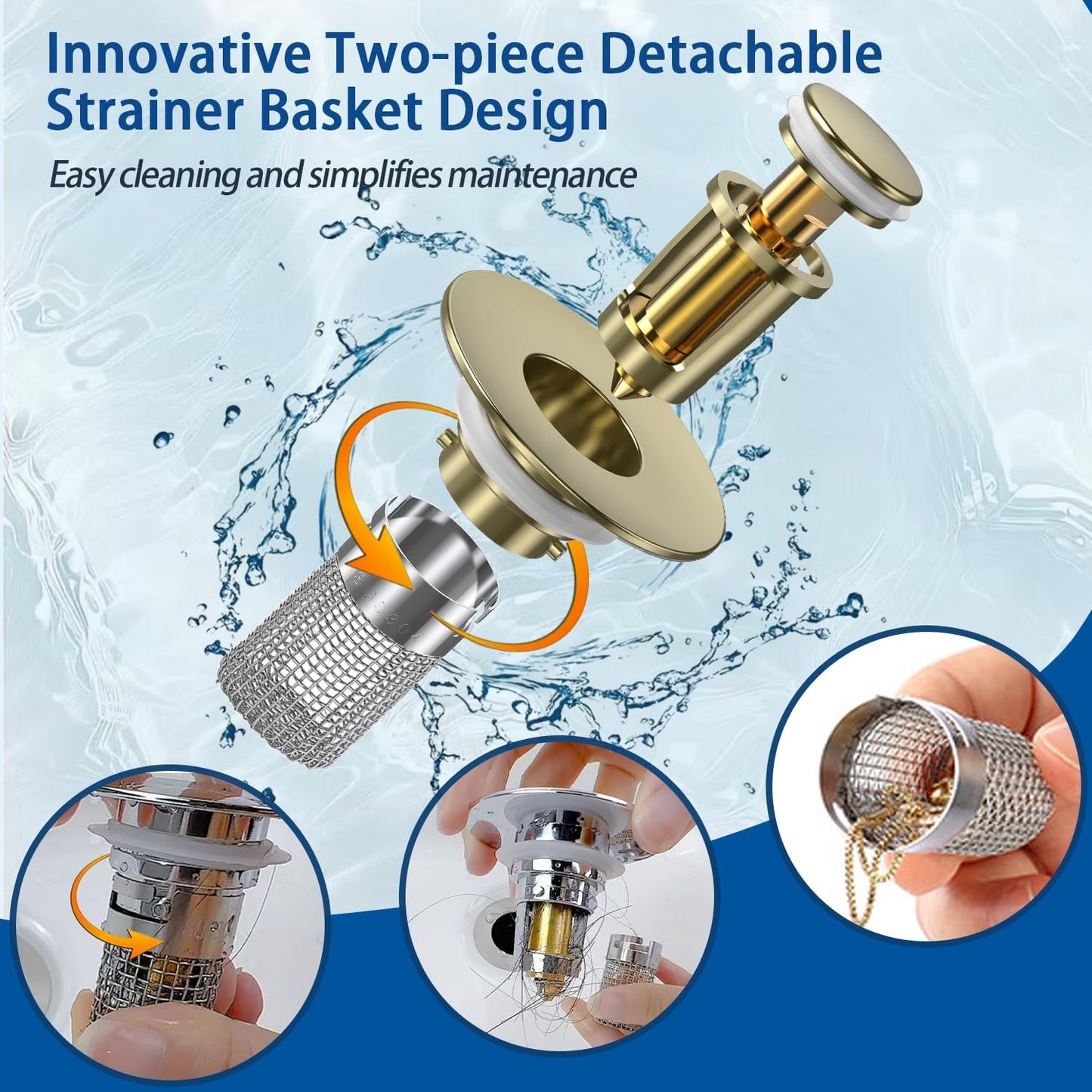 Sink Stopper Hair Catcher, Pop-up Sink Drain Strainer with Removable Stainless Steel Strainer Basket Hair Catcher, Bathroom Sink Strainer for Bathroom Sink Stopper Replacement (Brushed Gold)