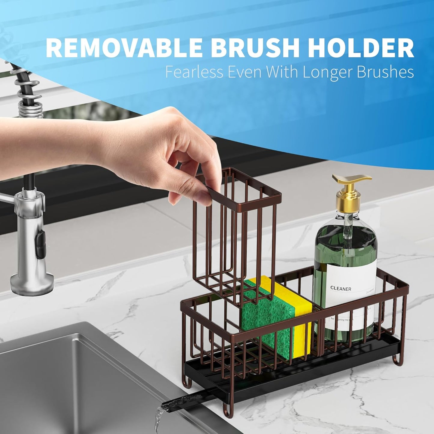 Cisily Brown Sponge Holder for Kitchen Sink, Sink Caddy Organizer with High Brush Holder, Kitchen Countertop Organizers and Storage Essentials, Rustproof 304 Stainless Steel, Soap Dispenser Organize