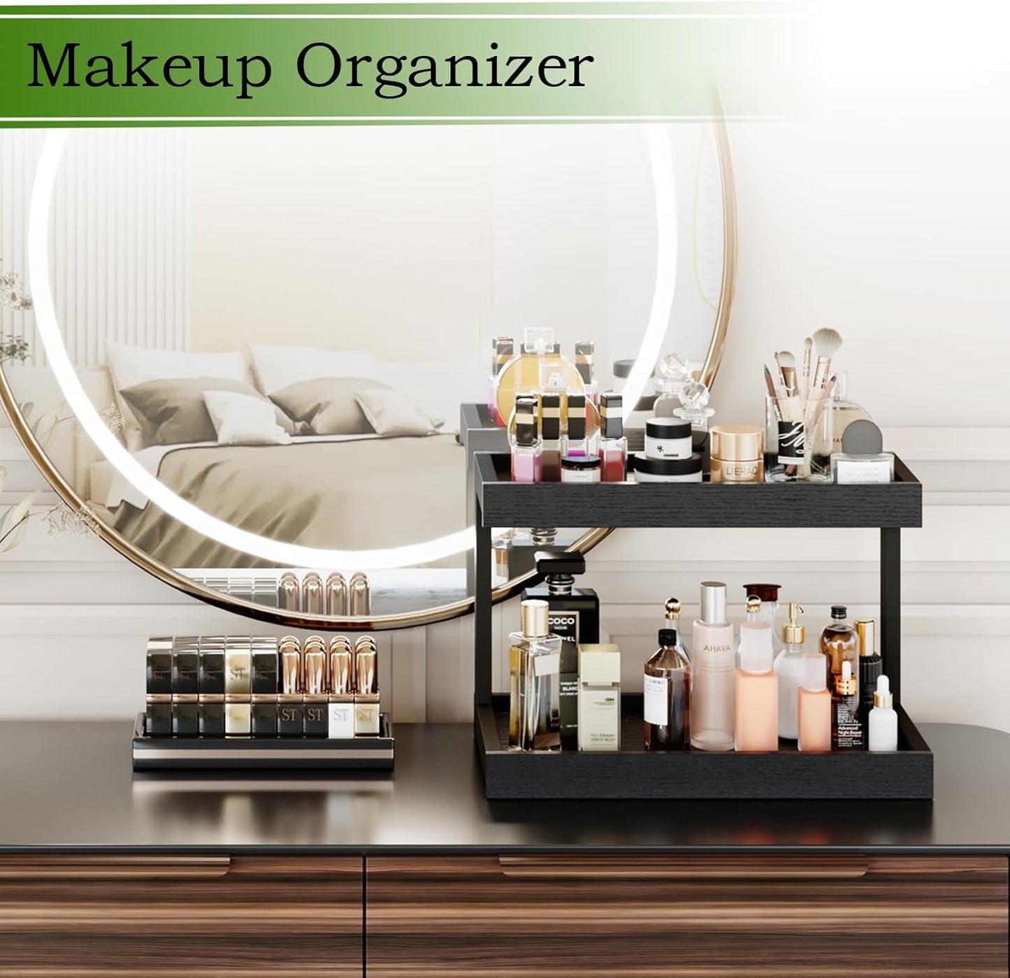 MARTY 2 Tier Spice Rack Organizer for Countertop, 15.8''L Coffee Station/Bathroom Organizer Countertop, Counter Shelf Desktop Storage Organizer for Kitchen, Bedroom, Office (Black)