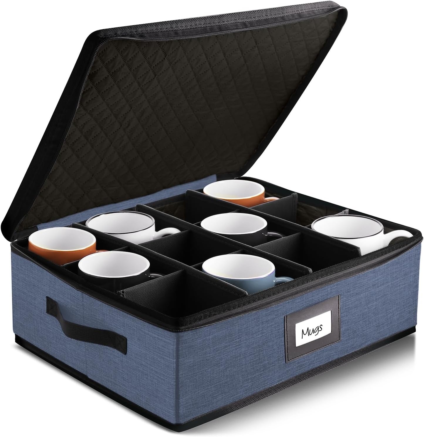 Hearth & Harbor Coffee Mug Storage, Quilted and Stackable Coffee Cup Storage Organizer for Service of 12, Mug Storage Box with Dividers, China Containers Hard Shell for Moving and Organization, Blue