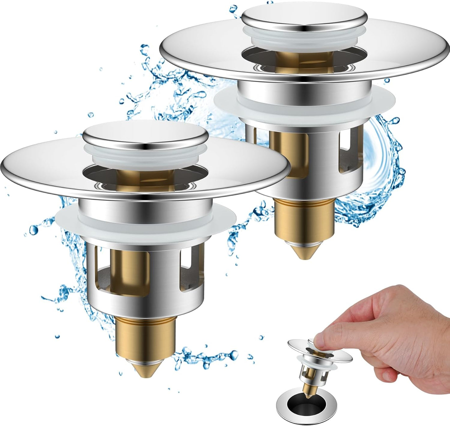 Hibbent 2 Pack All Metal Universal Bathroom Sink Stopper for 1.1''~2.3'' Basin, Pop Up Sink Drain Strainer, Brass Bullet Core Push Type Stopper, Stainless Steel Anti Clogging Drain Filter, Chrome