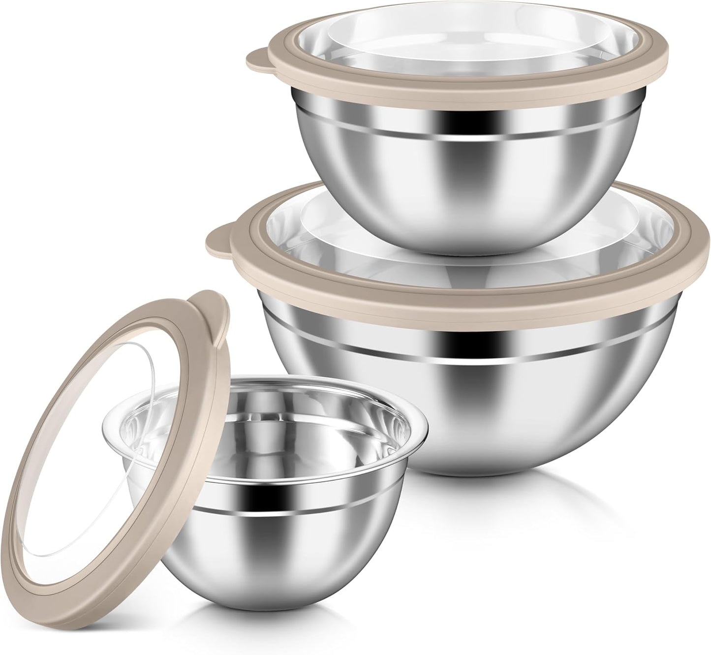HaWare Mixing Bowls with Airtight Clear Lids, 6-Piece Stainless Steel Strong Nesting Bowls Set, Metal Salad Bowl for Cooking, Prepping, Baking, Serving & Food Storage, Size 4.6, 3, 1.5QT, Khaki