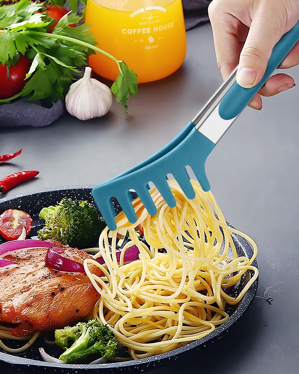 Spaghetti Spoon and Pasta Tong, Non-stick Silicone Spoon Server Fork With Teeth and Stainless Steel Handle, Food Clip for Noodles (Blue)
