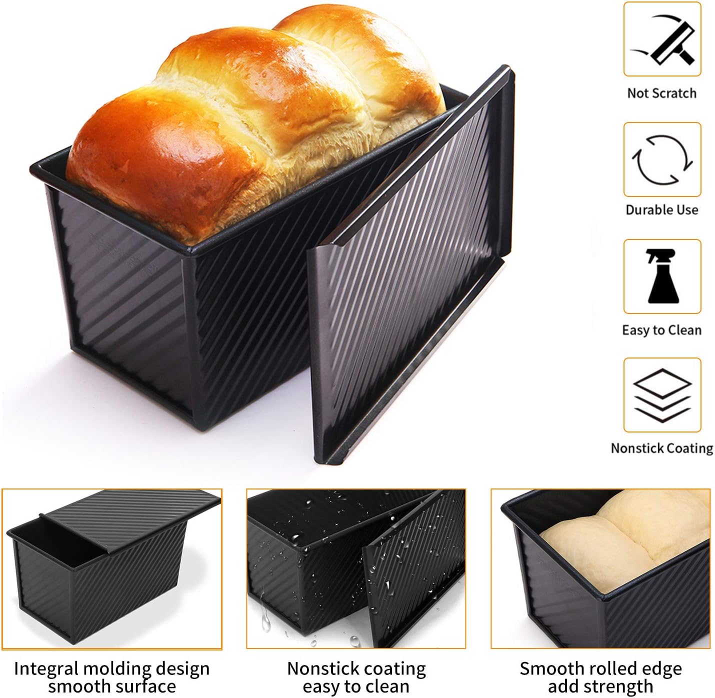 CHEFMADE Pullman Loaf Pan with Lid 2 Pcs, 1Lb Dough Capacity Non-Stick Rectangle Corrugated Bread Pan, Carbon Steel Toast Pan with Cover for Baking Bread - Black