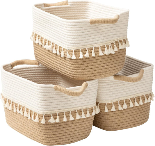 TeoKJ Woven Storage Bin Set of 3, Cotton Rope Basket for Storage, Clothes Boho Basket Bin for Organizing, Fabric Basket for Books, Plants, Pet Treats, White & Jute