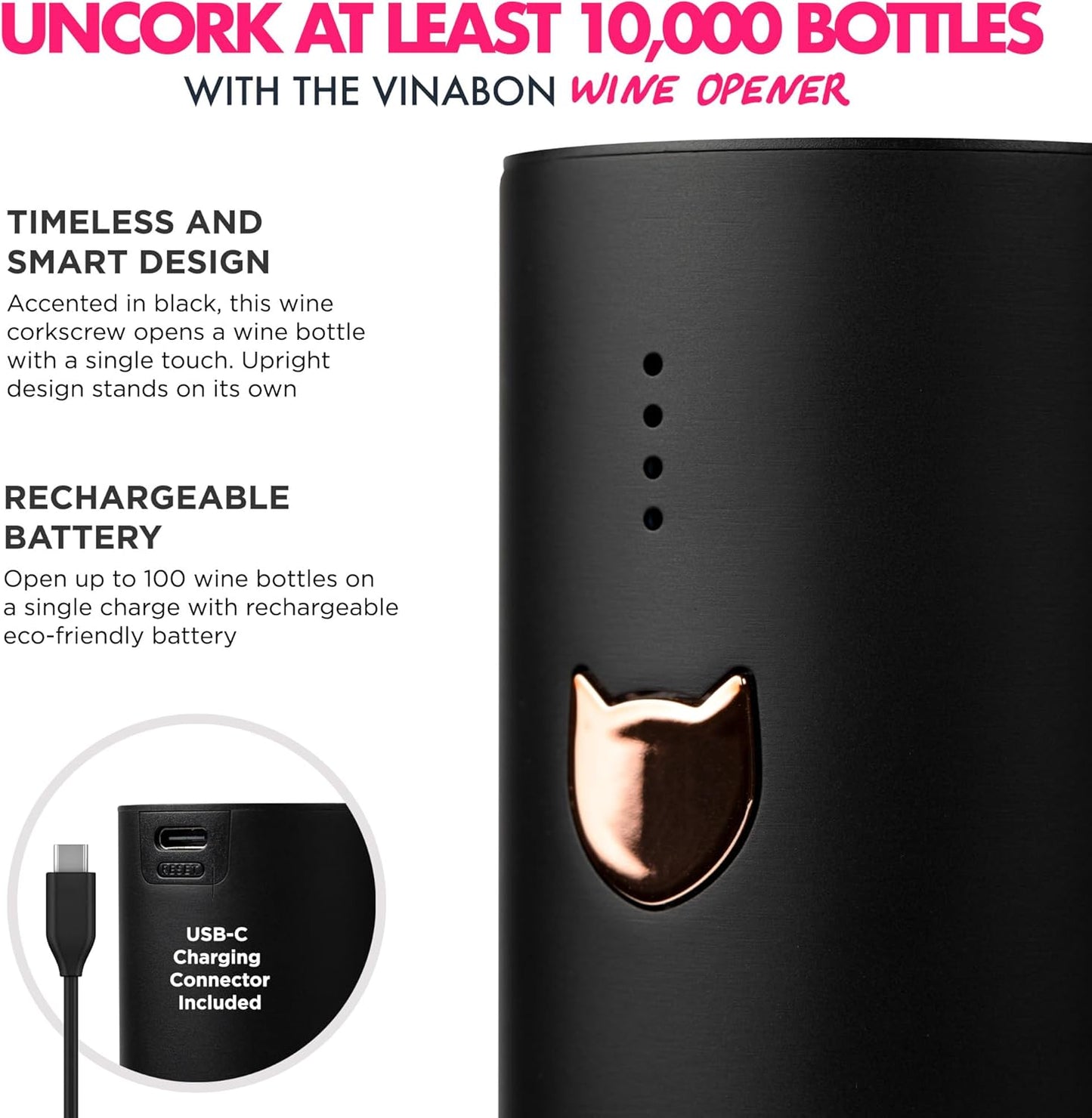 VINABON Electric Wine Opener - Premium 2025 Rechargeable Wine Bottle Opener Corkscrew with Foil Cutter, One-Touch Automatic Operation & LED Lights. Includes Wine Guide eBook