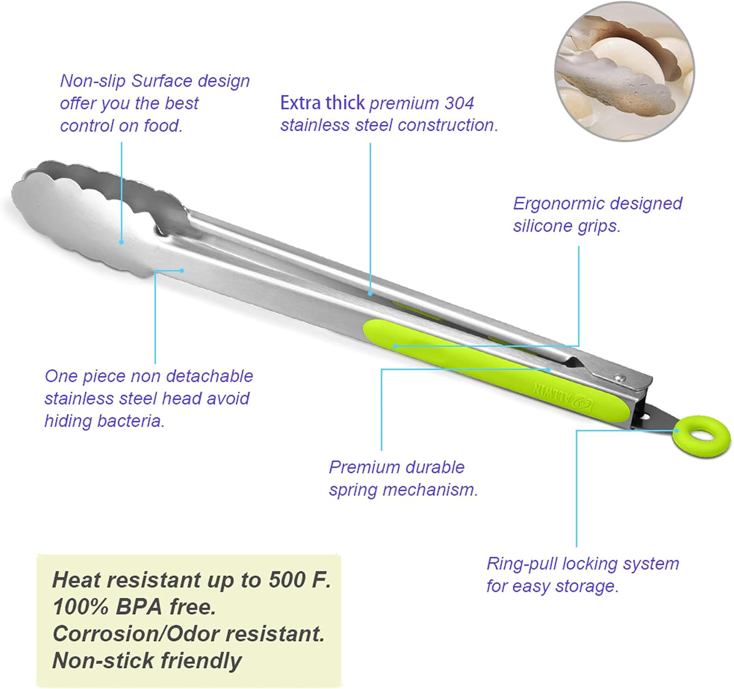 304 Stainless Steel Kitchen Cooking Tongs, 9" and 12" Set of 2 Sturdy Grilling Barbeque Brushed Locking Food Tongs with Ergonomic Grip, Green