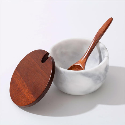 Marble Salt Cellar with Lid & Spoon, 11oz Salt and Pepper bowls, Handcrafted from Natural Marble, Smooth Inside (white bowl)