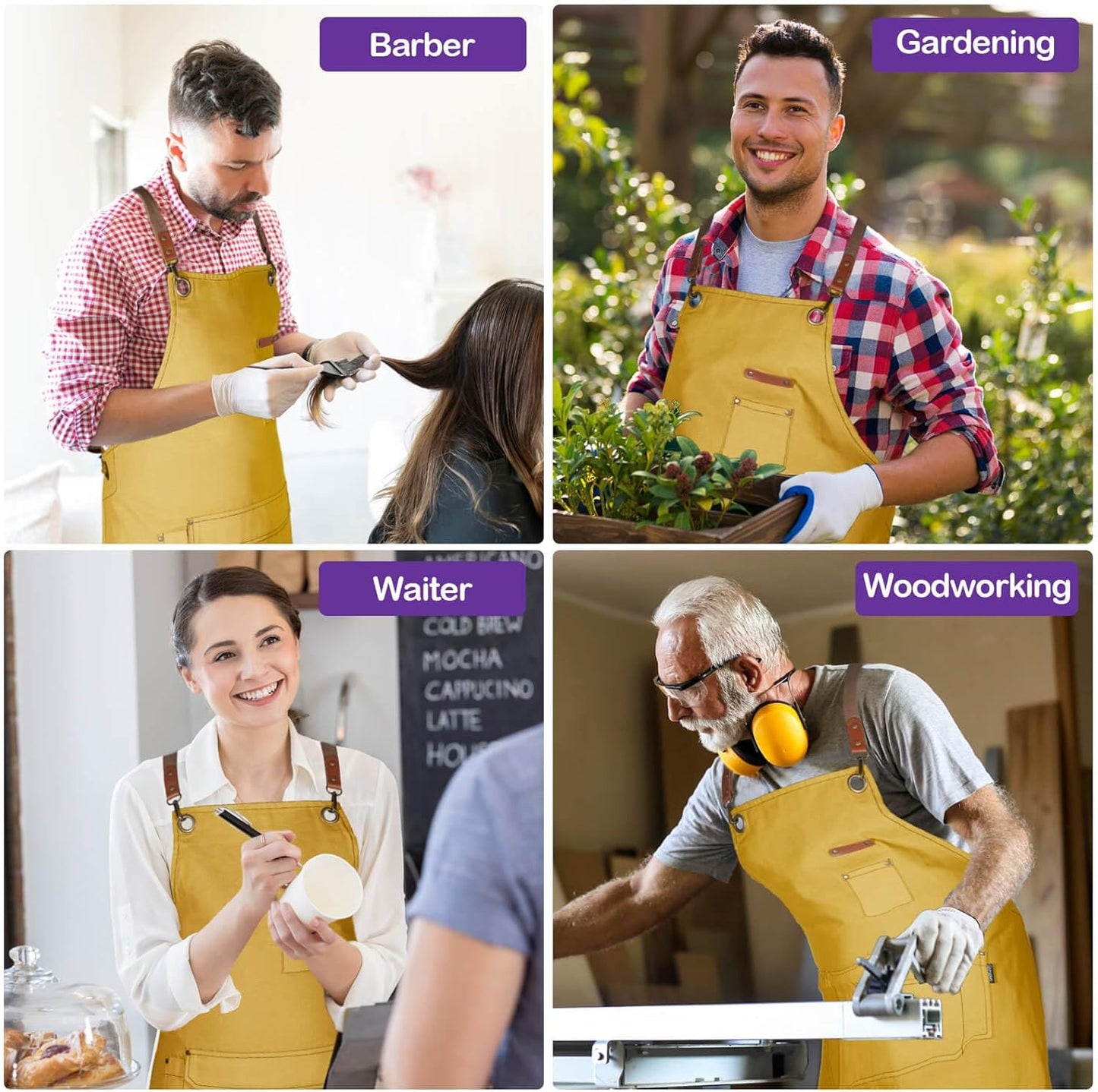 Chef Apron for Men Women with Gift Box Pack, Cross Back Apron with Pockets for Kitchen Cooking Baking Artist Painting, Cotton Canvas Work Aprons for Shop, Garden, Restaurant, Cafe (Yellow, M to XXL)