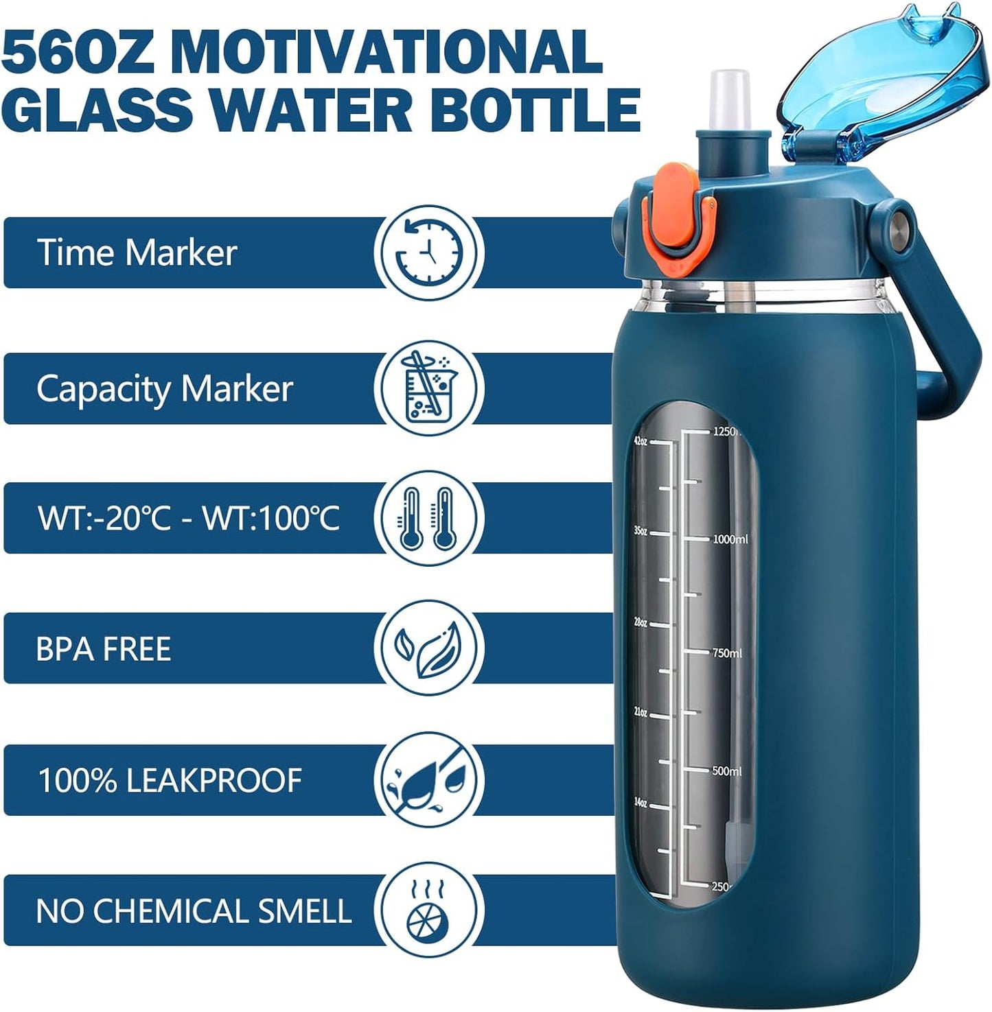 kytffu 56oz Glass Water Bottles with Straw, Motivational Glass Bottle with Silicone Sleeve and Time Marker, Leakproof Large Glass Water Jug for Gym Home Office,Blue