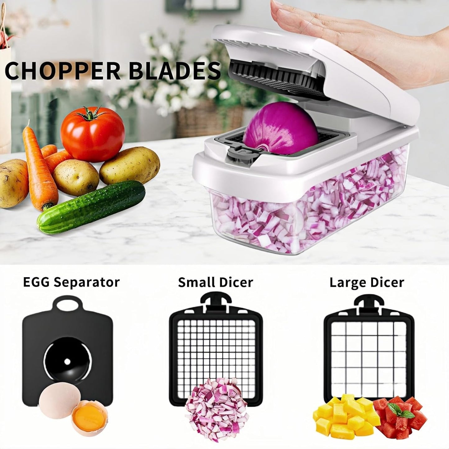 16 in 1 BPA free Vegetable Chopper with Container,Salad Food Veggie Chopper,Onion Cutter,Mandoline Slicer,Includes Egg Separator & Peeler,Non-Slip Base & Safety Guard,Chop 50% Faster(White)