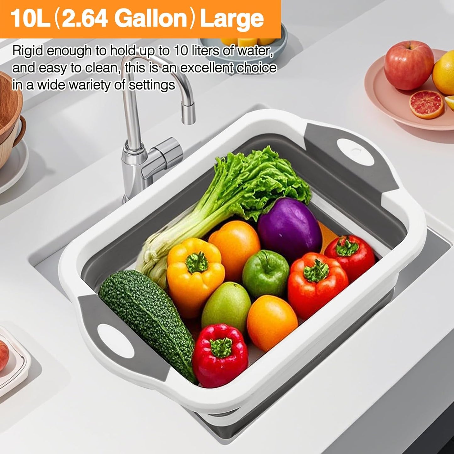 Collapsible BBQ Prep Tub/Cutting Board 10L, Foldable Dish Tub with Colander, Portable Camping Sink, Multifunction Dishing Basin Bucket Wash Tub for Kitchen Fruit Vegetable Picnic (Gray)