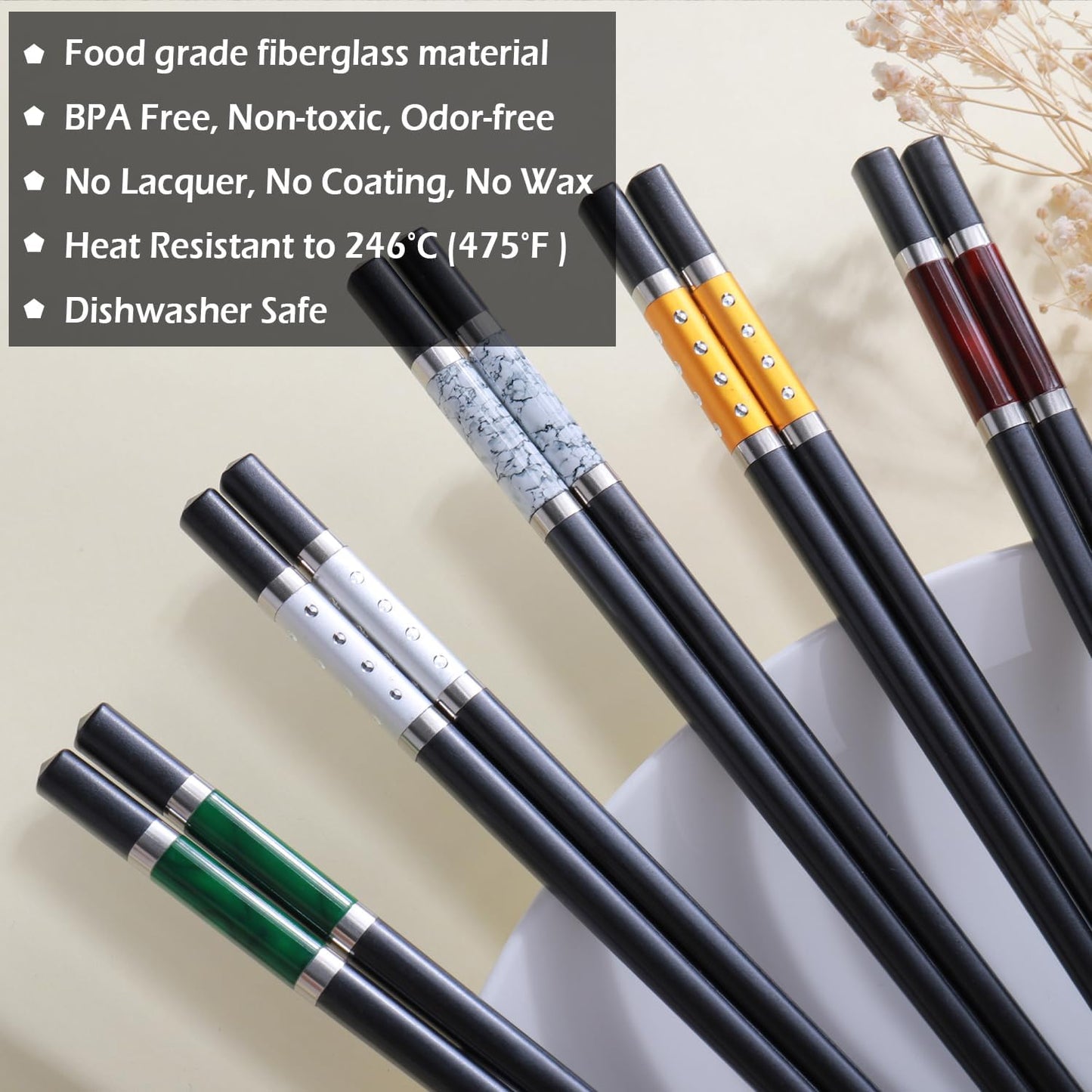 GLAMFIELDS 5 Pairs Premium Chopsticks Reusable Dishwasher Safe 9.5 Inch Fiberglass Chop Sticks Gift Set Non Slip Multi Color