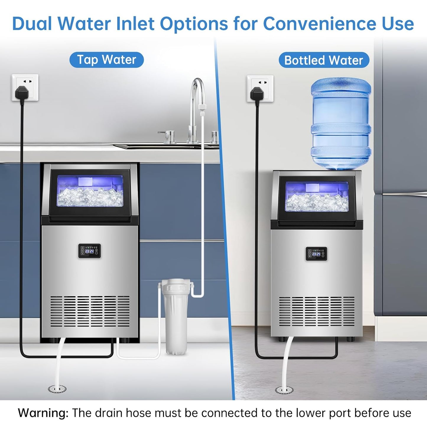 Ice Maker Commercial Ice Machine 200 lbs /24H, 33 lbs Large Storage Capacity Bin, Under Counter or Freestanding Ice Cube Makers Stainless Steel for Restaurant Bar Cafe