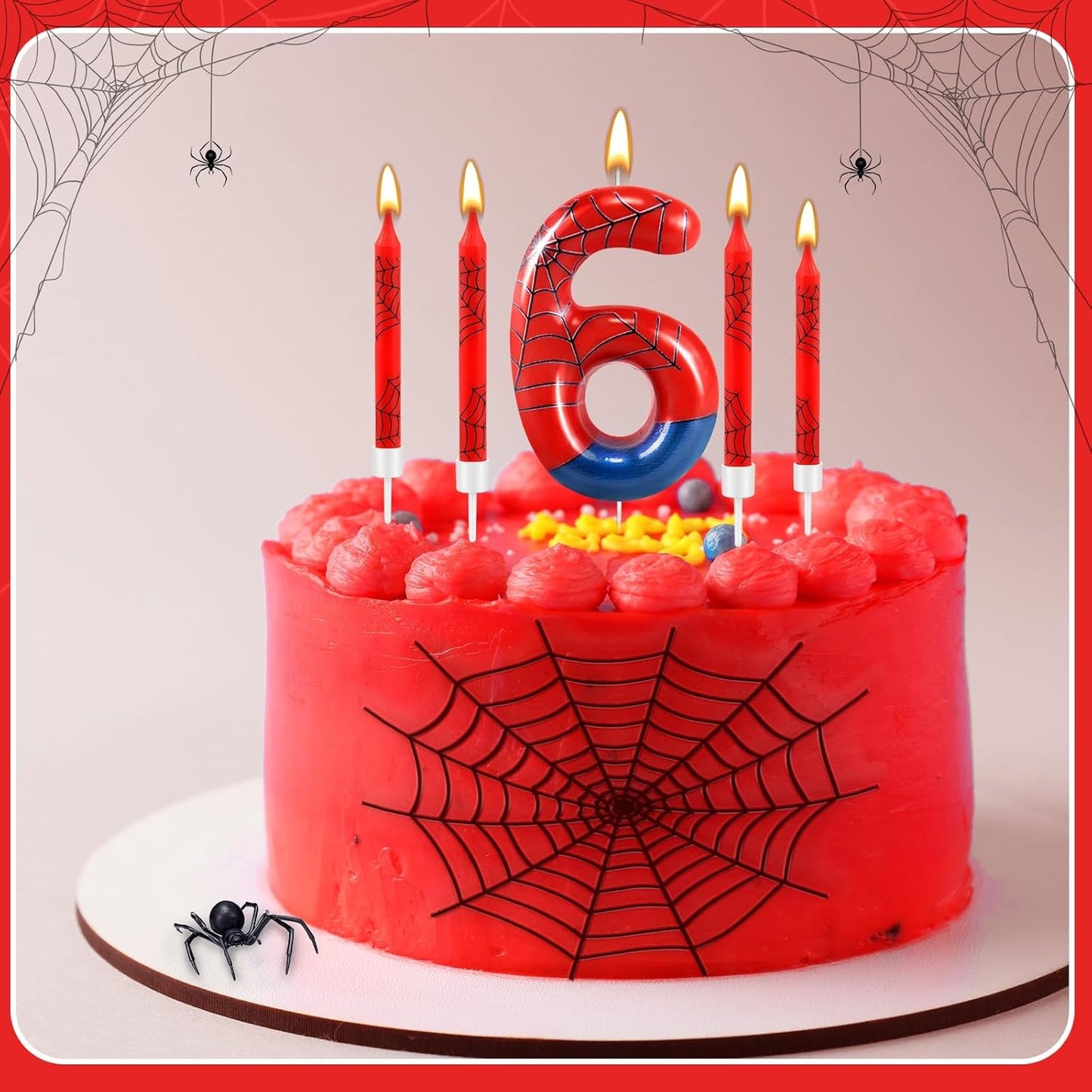 13 Pcs Spider Themed Birthday Candle Set Red Spider Theme Number 6 Candle Cake Topper for Boys Girls Birthday Decoration Spider Party Decoration Supplies (Number 6)