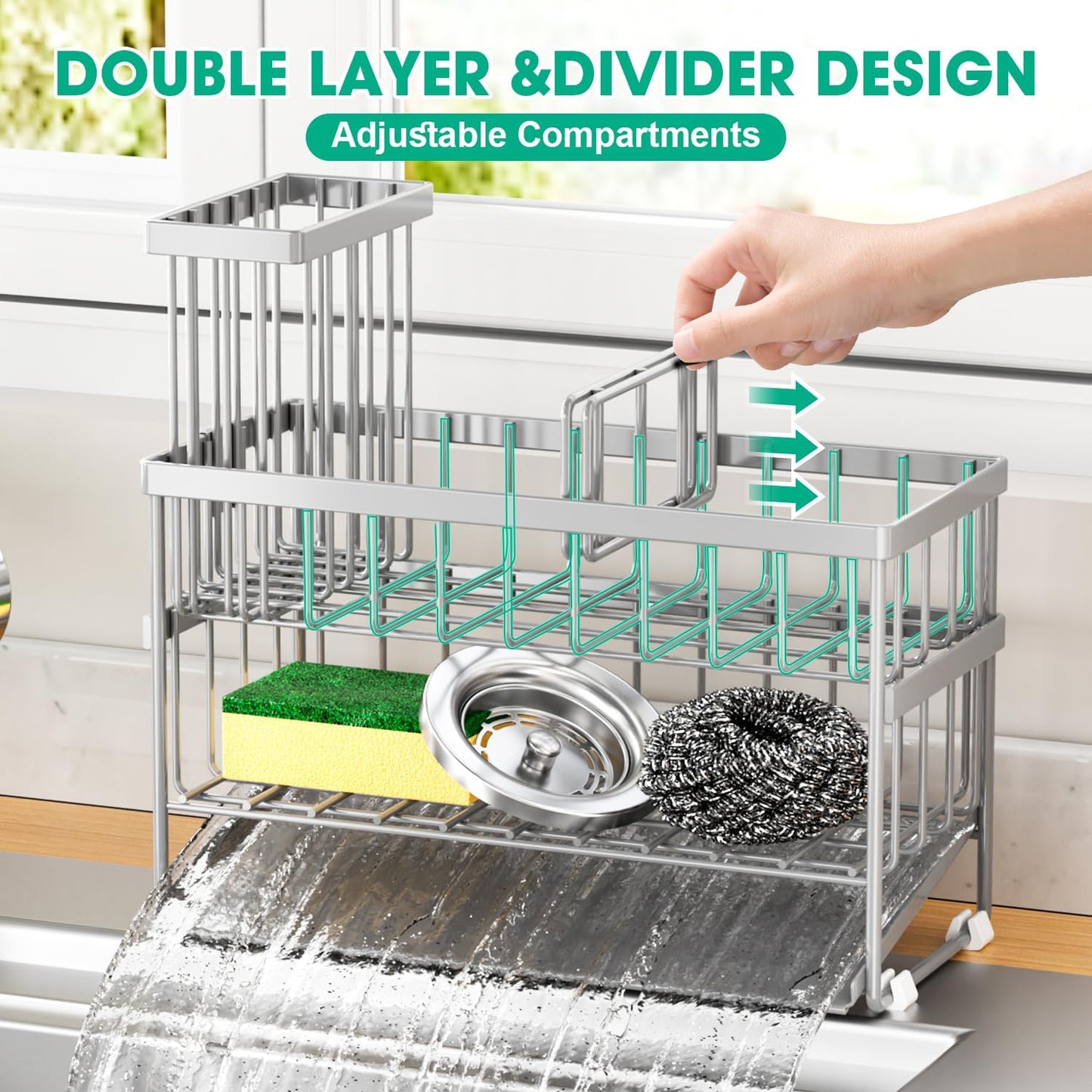 Sponge Holder for Kitchen Sink, 2 Tier Sink Caddy Organizer with High Brush Holder, Self-Draining Sponge Holder for Sinks, Soap Dispenser Organizer, Rustproof 304 Stainless Steel, Silver