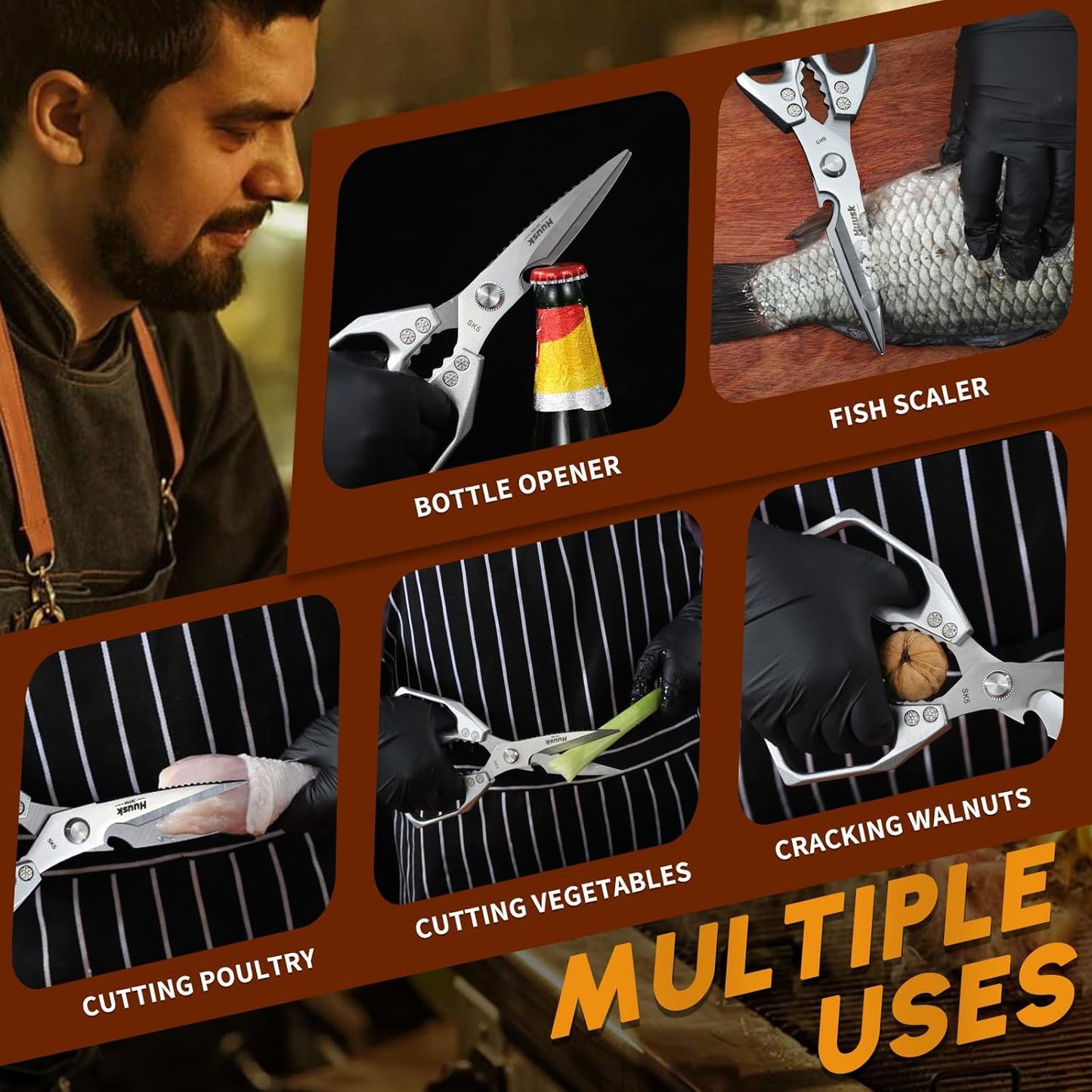 HUUSK Kitchen Scissors all Purpose - Stainless Steel Kitchen Shear, Sharp Silver Meat Scissors Dishwasher Safe, Heavy Duty Poultry Shears, Japanese Cooking Scissor for Food, Chicken Bones, and Turkey