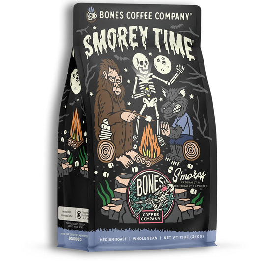 Bones Coffee Company S'morey Time, S'mores and Graham Crackers Flavored Coffee, Medium Roast Low Acid Arabica Beans Compatible with Auto drip and French Press Coffee Maker, 12 Oz Whole Bean