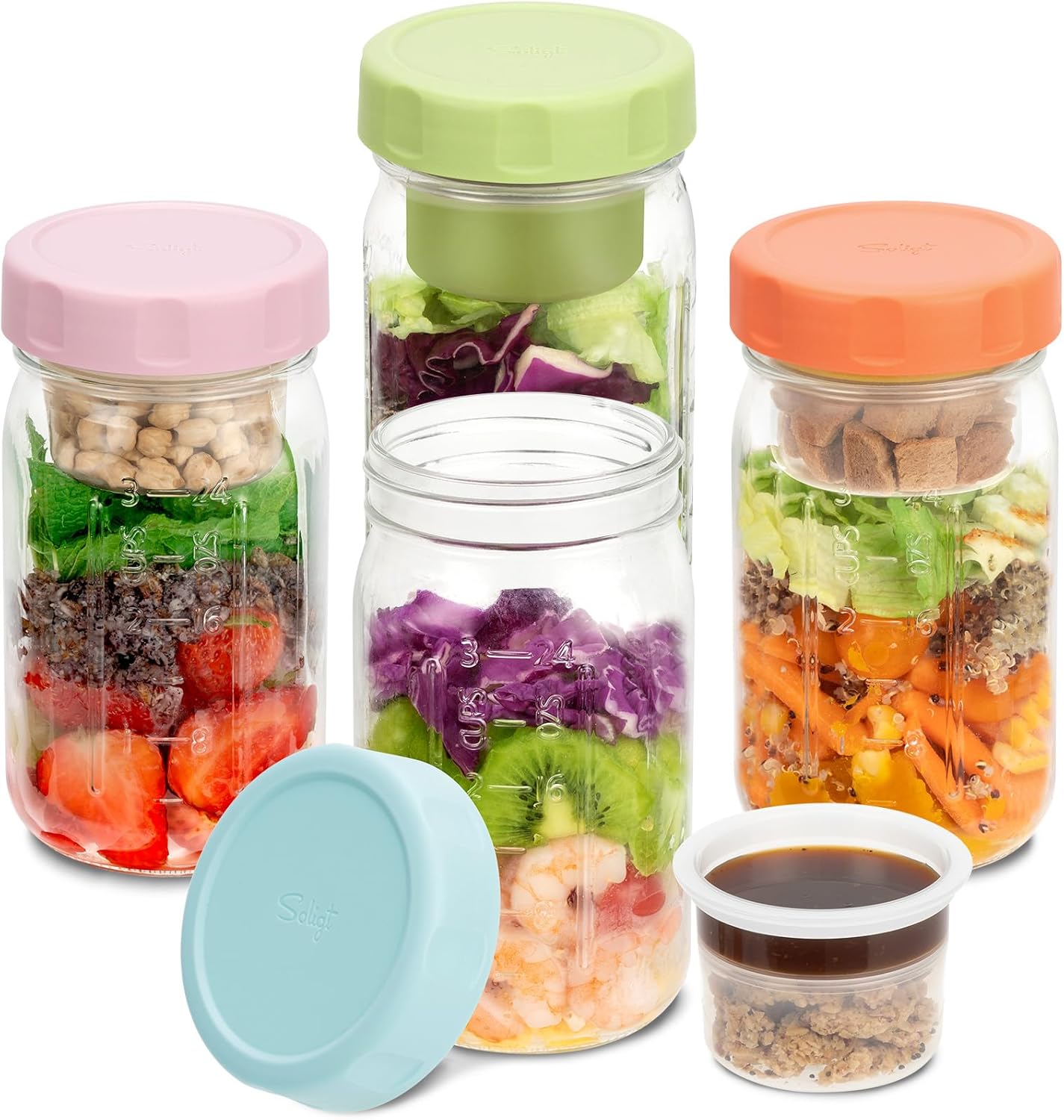 SOLIGT 4 Pack Glass Salad Jars with Lids Meal Prep, Leakproof Container for Lunch, with Wet/Dry Separation Cups, 32oz Mason Jars (Pink/Orange/Sky Blue/Olive Green)