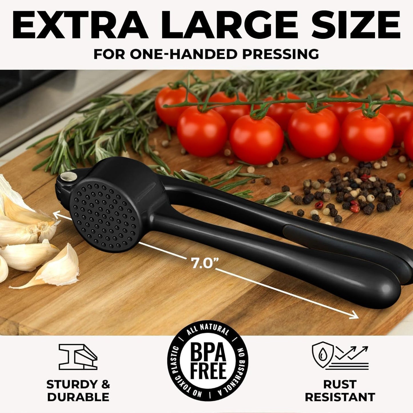 Zulay Kitchen Large Premium Garlic Press Set - Bigger Bowl for Bigger Garlic - Rust Proof & Dishwasher Safe Garlic Mincer Tool - Easy-Squeeze, Easy-Clean Silicone Garlic Peeler & Brush (Black)