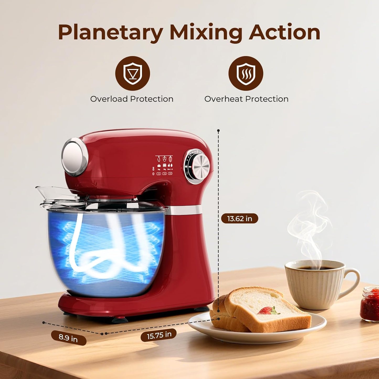 Stand Mixer With 12 Speed,5.3 Quart Electric Mixer With Tilt Head, Kitchen Mixer for Daily Use with Egg Whisk,Dough Hook,Flat Beater, RED