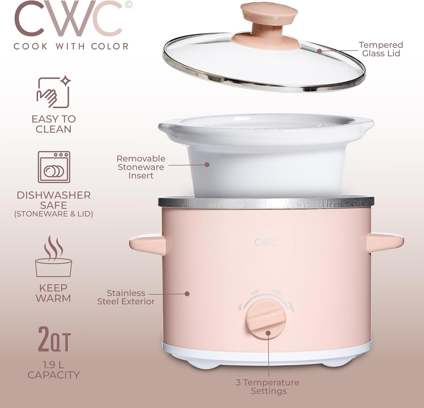 COOK WITH COLOR 2QT Mini Electric Round Slow Cooker - Adjustable Settings, Removable Stoneware Pot, Tempered Glass Lid, Dishwasher Safe, Cool-Touch Side Handles, Dusty Rose