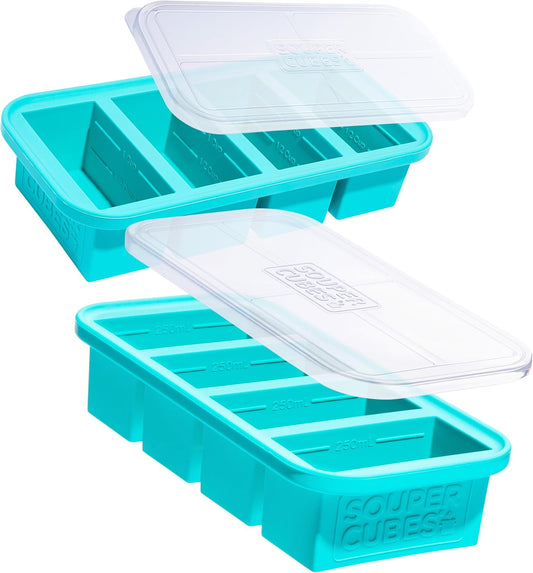 Souper Cubes 1 Cup Silicone Freezer Molds - Soup Cubes Perfect for Freezing Broth, Rice, Leftovers and More - Silicone Freezer Trays with Lids for Meal Prep - Aqua - 2-Pack