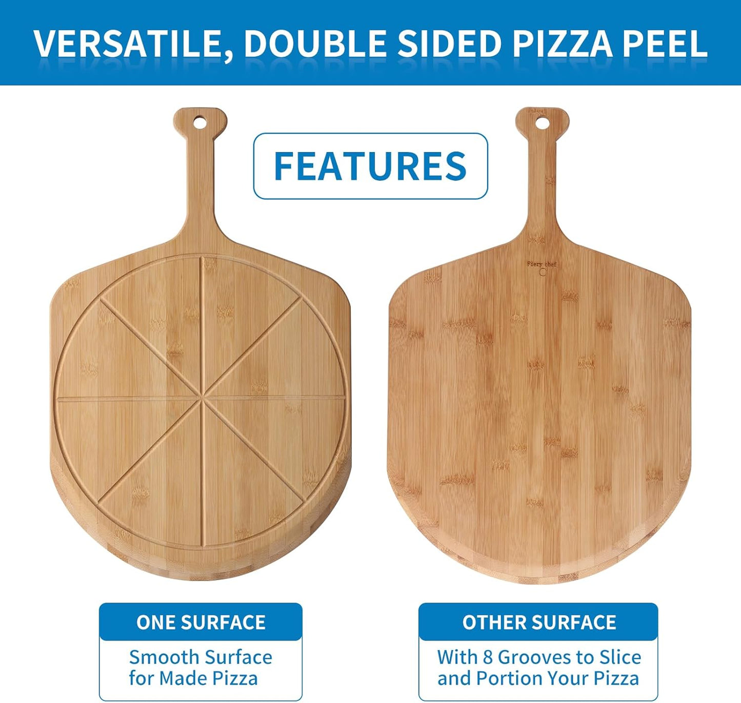 12.6” Bamboo Pizza Peel - Lightweight Smooth Wooden Pizza Paddle and Pizza Cutting Board with 8 Slice Grooves, Outdoor Pizza Oven Accessories, 19.7 Inch x 12.6 Inch