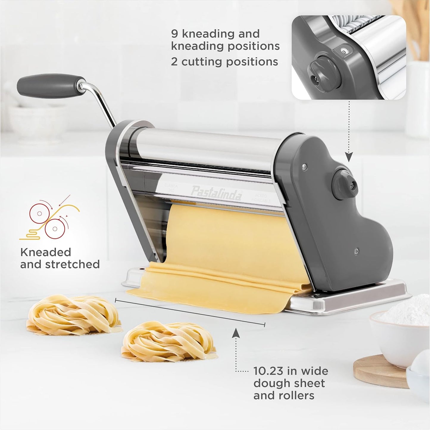 PASTALINDA Classic 260 Pasta Maker Machine, 26 cm Wide Rollers, 9 Thickness Positions, 2 Cutting Positions, Stainless Steel. Includes Reinforced Hand Crank And Two Clamps (Gray)