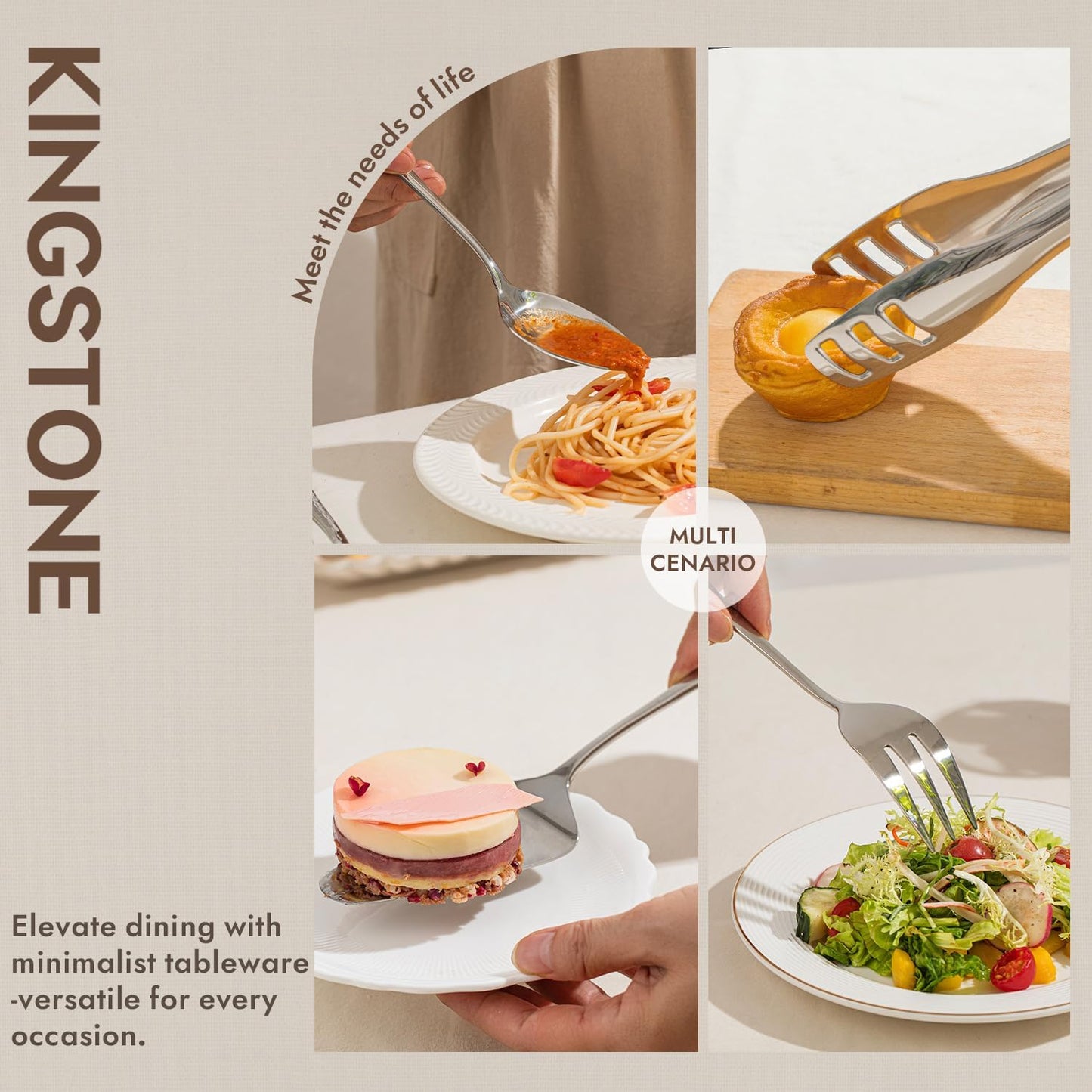 KINGSTONE 5 Piece Serving Utensils Set, 18/10 Stainless Steel Serving Utensils Large, Serving Spoon, Slotted Spoon, Fork, Tong, Cake Server for Buffet, Parties, Kitchen,Entertaining, Wedding