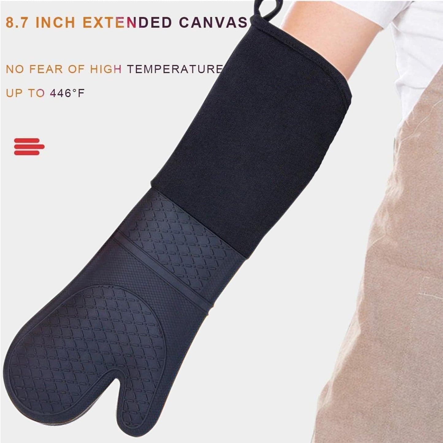 Extra Long Silicone Oven Mitts Heavy Duty Commercial Grade Oven Mitts Heat Resistant BBQ Gloves with Quilted Cotton Lining 2 Pack (Black)