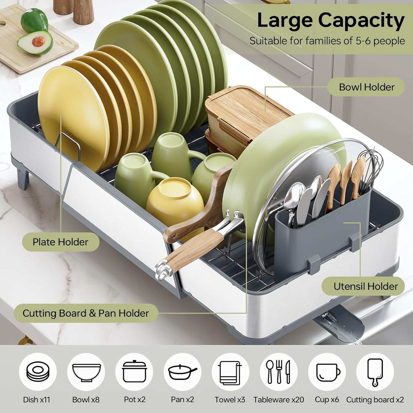 Triple Expandable Dish Drying Rack, Extra Large Dish Rack for Kitchen Counter, Stainless Steel Dish Drying Rack, Foldable Dishes Drainer, Extendable Dish Strainer with Utensil & Pans Holder, Gray