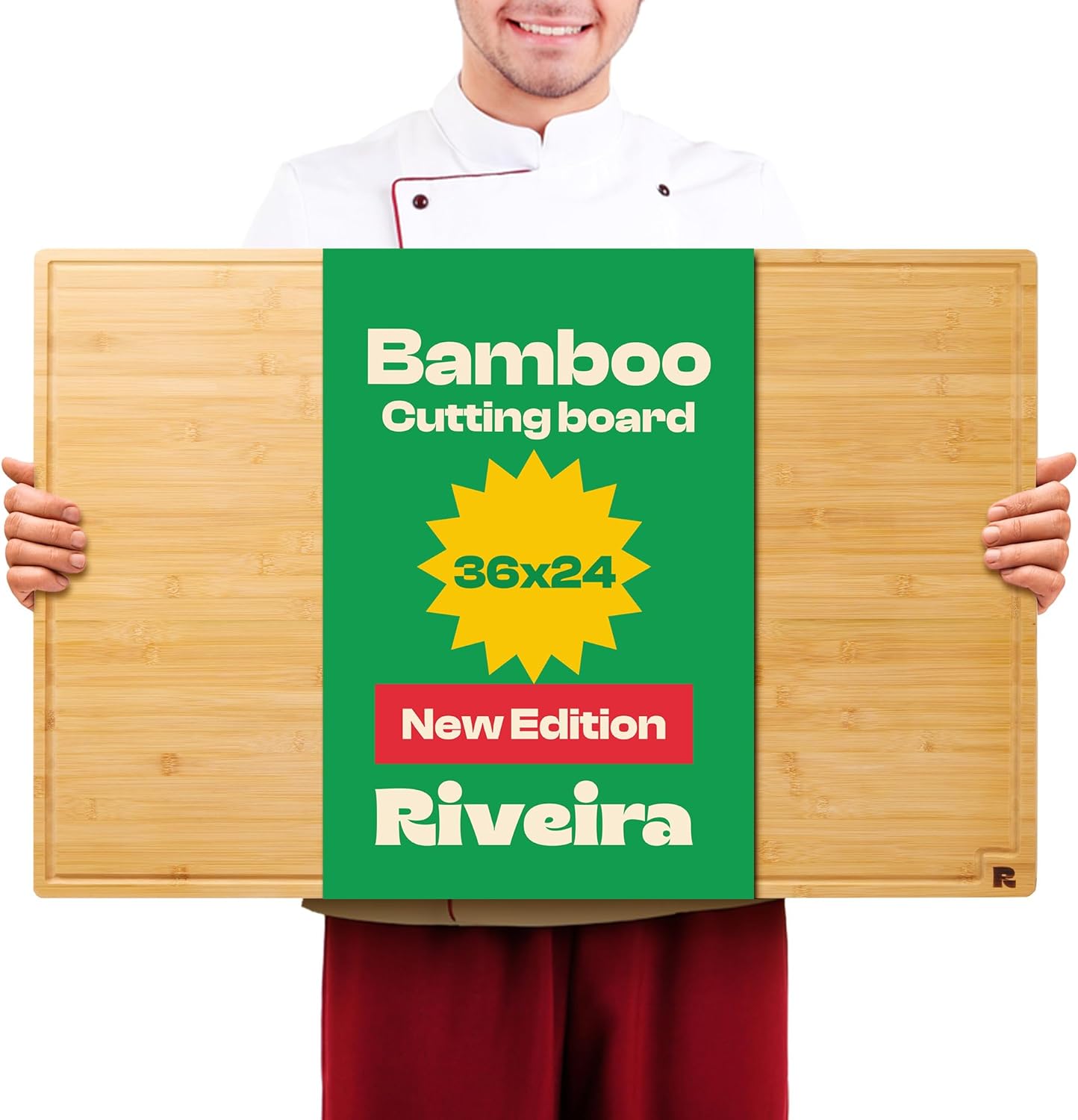 Riveira White Bamboo Wood Cutting Board – Gourmet Bamboo Grandeur: 36 x 24 Wooden Cutting Board – Wooden Cutting Boards For Kitchen Decorative – Innovative Juice Grooves Wooden Chopping Board