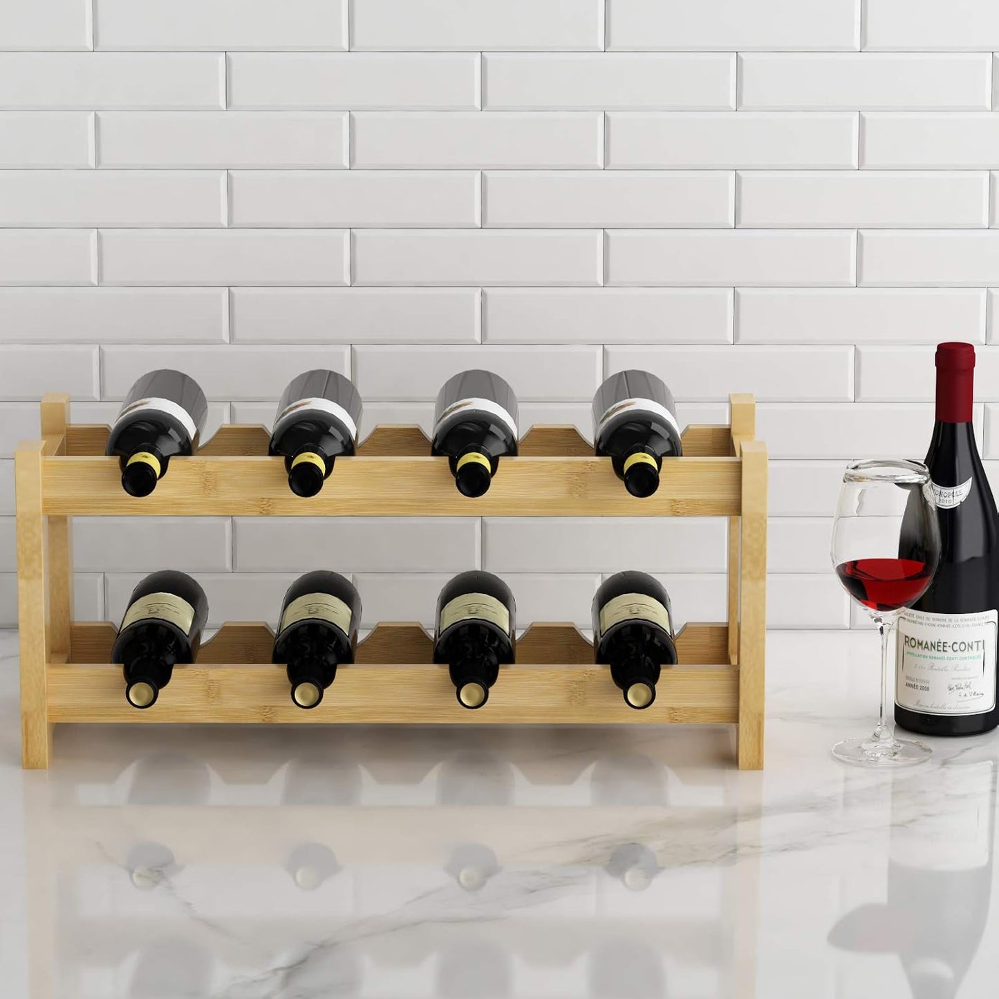 BAMEOS Wine Rack Freestanding 8 Bottle 2 Tier Bamboo Wine Racks Countertop Cabinet Wine Holder Wine Storage Shelf for Kitchen, Bar, Pantry, Wine Cellar, Basement, Countertop (16.85 L x 9.25W x 7H)
