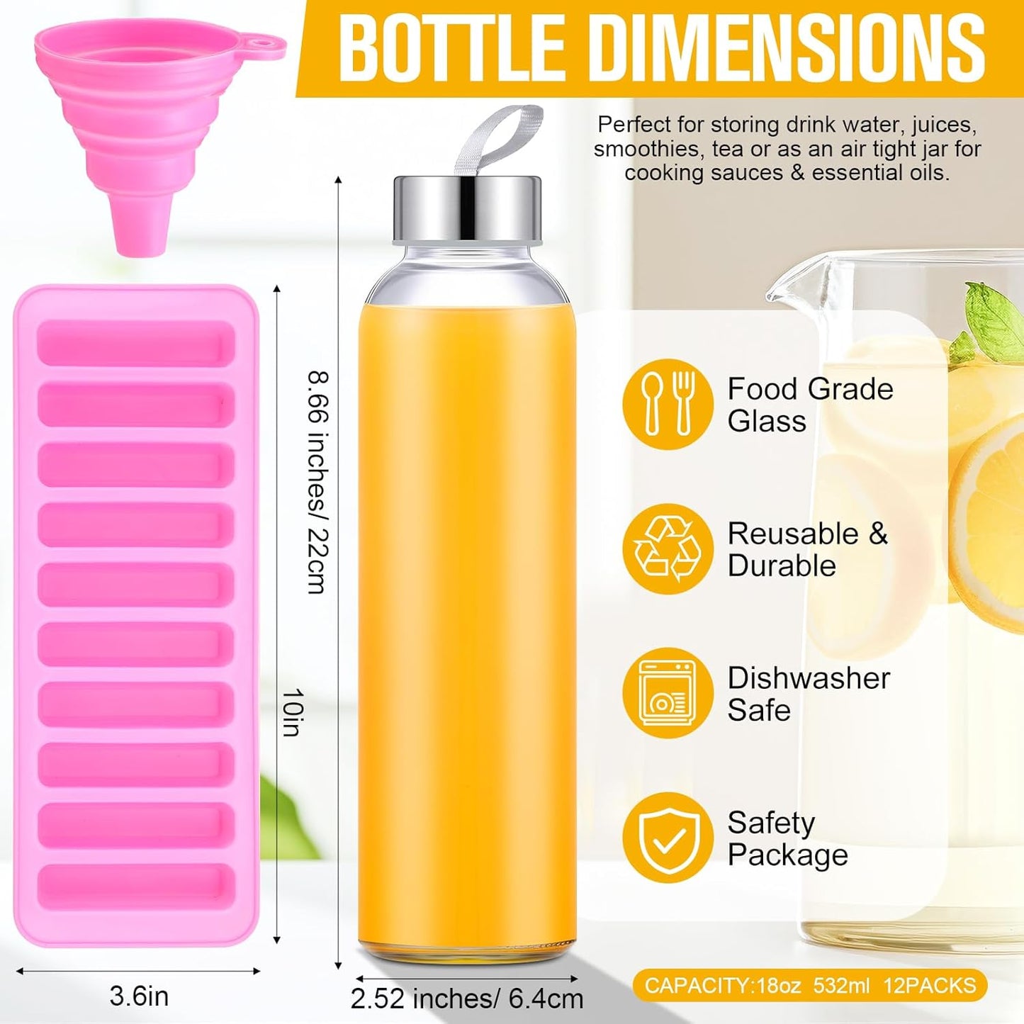 Honeydak 12 Pcs 18 oz Glass Water Bottles Glass Juice Bottles with Protection Sleeves, Stainless Steel and Bamboo Lids Reusable Glasses Funnel, Ice Mold, Brush for Milk Smoothie Beverage Tea