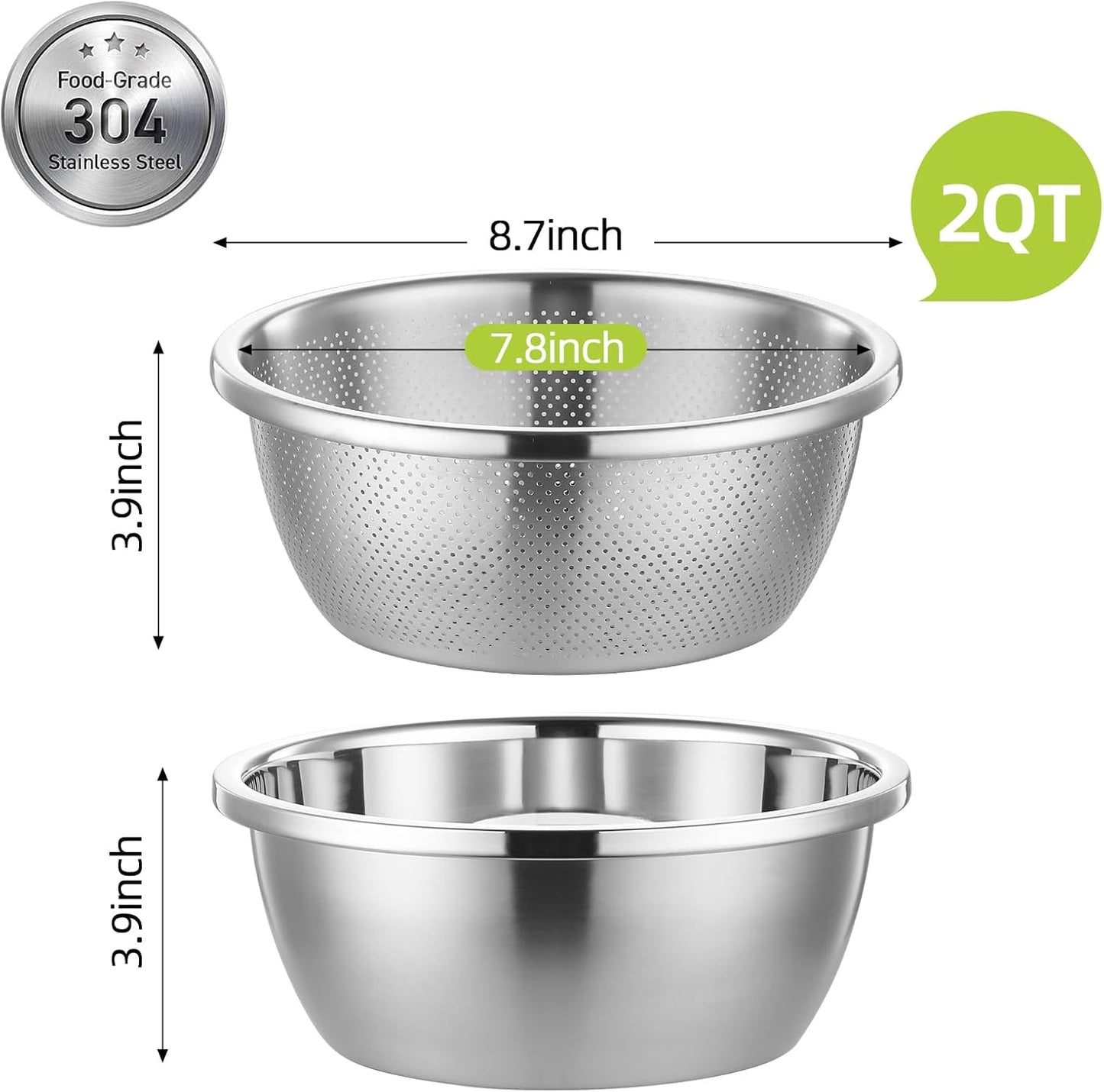 304 Stainless Steel Colander Microporous with Mixing Bowls, 2-Quart Strainers and Colanders for Kitchen, Food-Grade Strainer for Washing Vegetables, Fruit and Rice, Dishwasher Safe(2PCS)