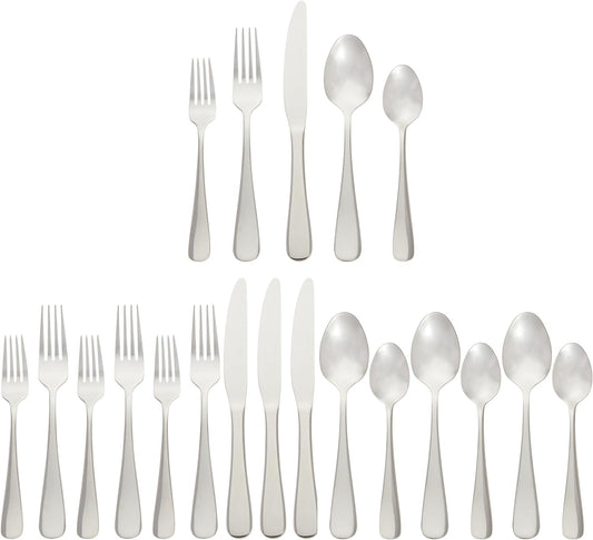 Amazon Basics Silverware Set, Stainless Steel Flatware, Dishwasher Safe, Service for 4, 20-Piece Forks and Spoons, Round Edge