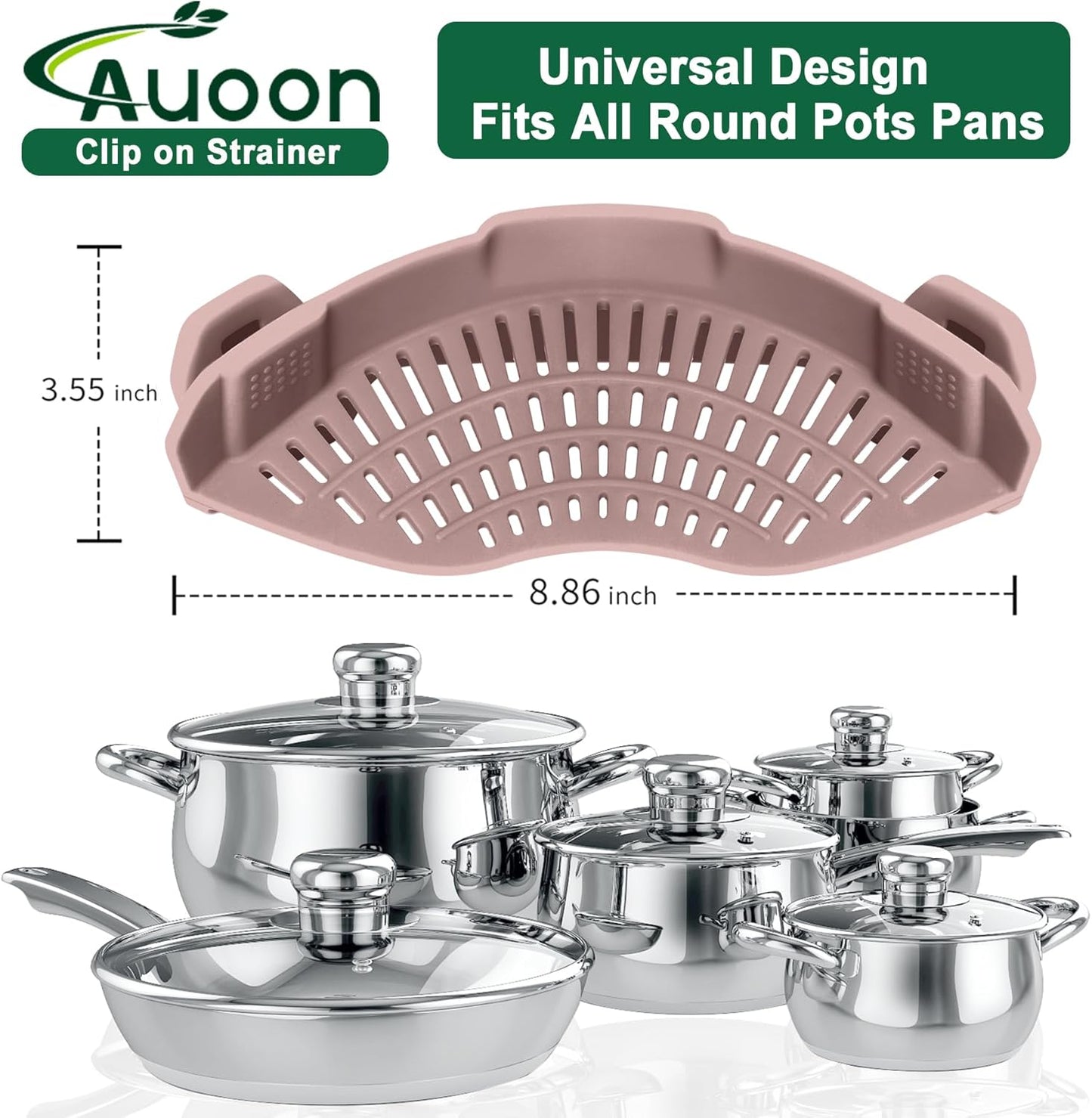 AUOON Clip on Strainer for Pots and Pans - Silicone Food Strainer for Draining Pasta, Spaghetti, Noodles, Fruits, Vegetables, Grease, Ground Beef (Almond Rose)